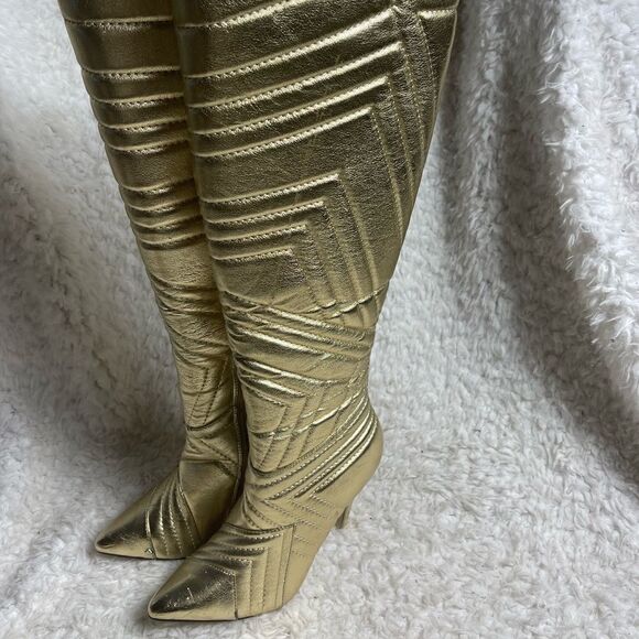 Liliana Metallic Gold Quilted Patterned Stitch Pointy Toe Stiletto Boots SZ 6.5 - Picture 2 of 16